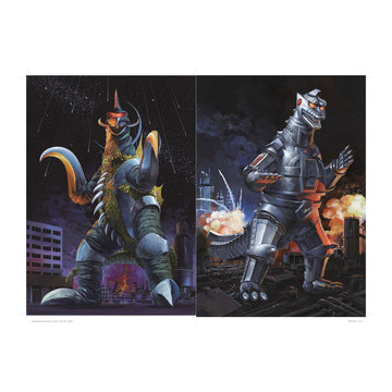 Two illustrations of a dragon-like creature and a robot-like creature in an urban setting.